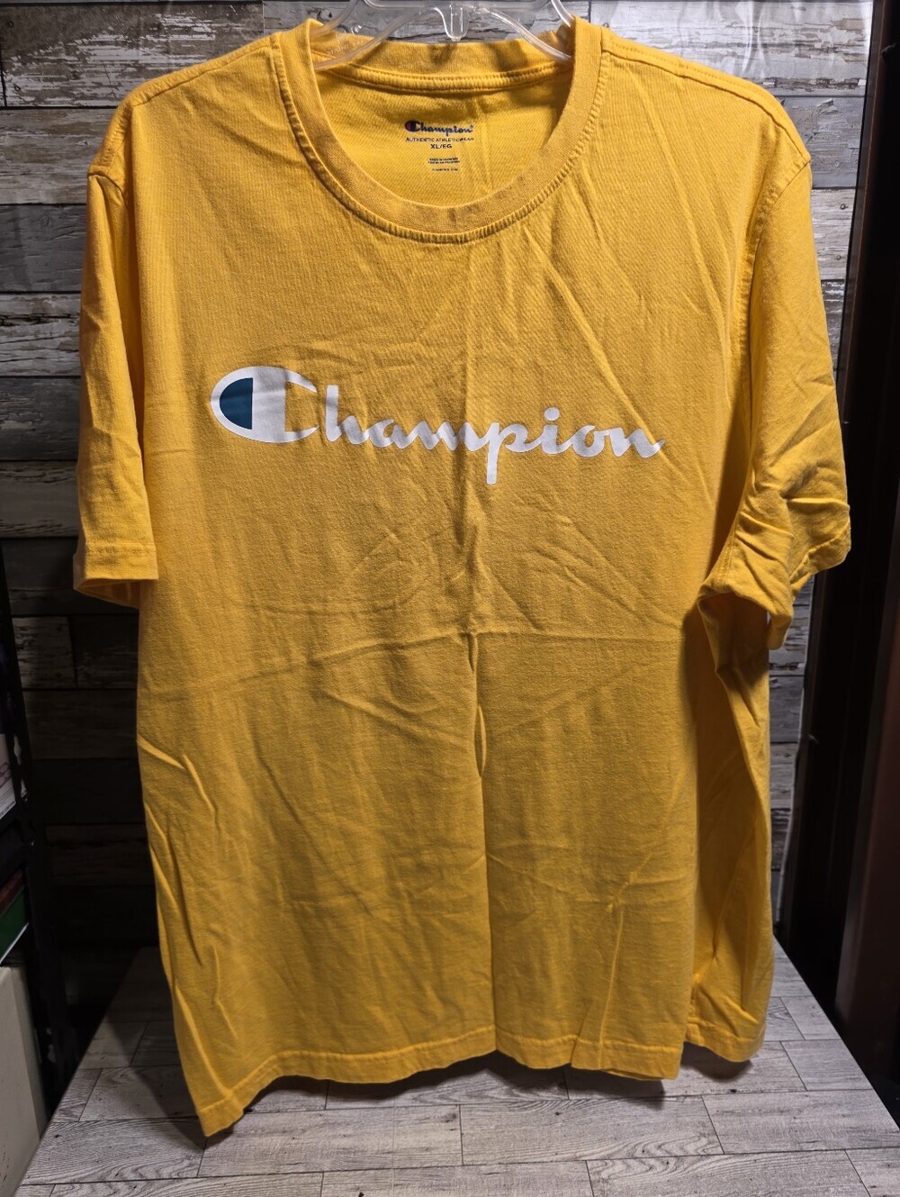 Champion Yellow Tee with White Script and Blue Logo Accent